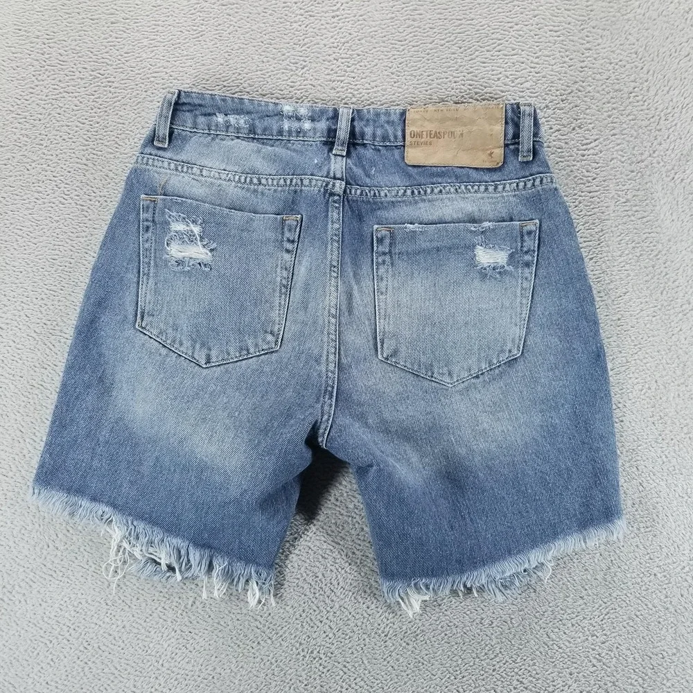 One Teaspoon Shorts Womens 26 Blue Distressed Cut Off Frayed Denim 4" Inseam - Picture 2 of 8